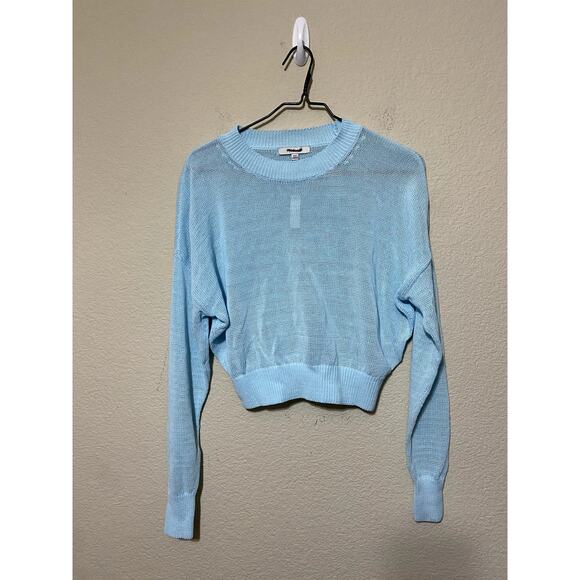 Madewell Sweater Women XXS Blue Long-Sleeve Crop Crew-Neck Sheer Open-Knit NWT - Picture 1 of 8